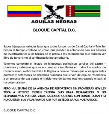 Elektronisches Kommuniqué, dessen Absender sich als Bloque Capital der Águilas Negras (Hauptstadtblock der Schwarzen Adler) vorstellt.
