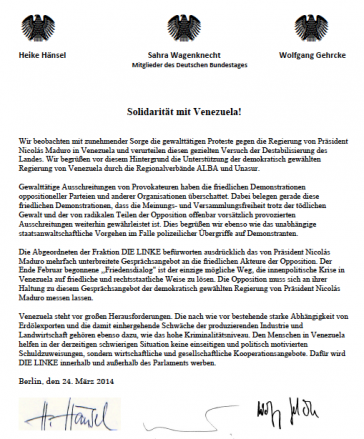 In einer Erklärung vom 24. März beziehen Bundestagsabgeordnete Stellung zu den Ereignissen in Venezuela In einer Erklärung vom 24. März beziehen Bundestagsabgeordnete Stellung zu den Ereignissen in Venezuela