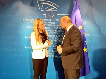 Die Ehefrau des inhaftierten Oppositionspolitikers Leopoldo López, Lilian Tintori, mit EU-Parlamentspräsident Martin Schulz (SPD) am vergangenen Dienstag in Straßburg