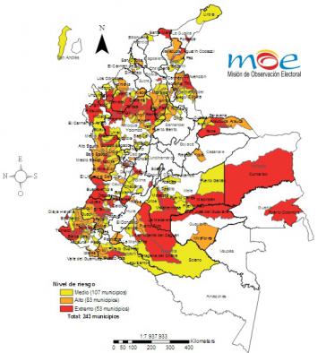 Karte der Regionen Kolumbiens, denen der MOE Risiken für das anstehende Referendum zusprechen