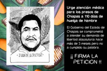 Aufruf, die Petition zur Freilassung zu unterzeichnen. Das Bild zeigt Juan de la Cruz Ruiz, einen der Streikenden