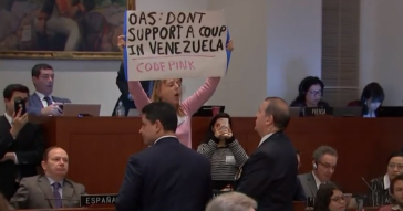 US-Friedensaktivistin Medea Benjamin protestiert vor der OAS gegen die US-Linie zu Venezuela