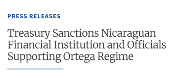 Das US-Finanzministerium hat erneut Sanktionen gegen Funktionäre der Regierung von Nicaragua verhängt
