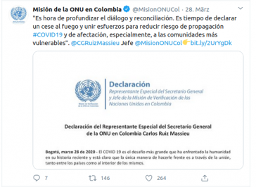 Die UN-Mission für den Friedensprozess in Kolumbien äußert sich zur anhaltenden Gewalt und der Corona-Krise