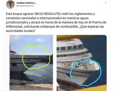 Tweet des venezolanischen Verteidigungsministers Padrino mit Bildern des beschädigten Bugs der "Resolute"