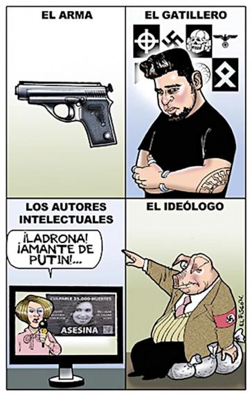 Karikatur aus Mexiko zum Attentat: "Die Waffe – Der Schütze – Die geistigen Urheber ('Diebin', 'Geliebte von Putin') – Der Ideologe"