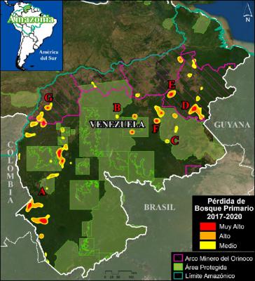 Die Basiskarte von Venezuela zeigt die wichtigsten Hotspots des Verlustes von Primärwald im venezolanischen Amazonasgebiet in den Jahren 2017 bis 2020