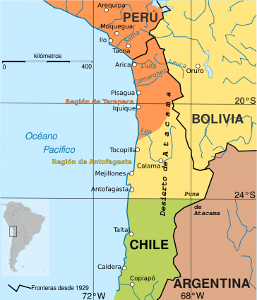 Der Konflikt um den verlorenen bolivianischen Küstenstreifen (gelb) im Salpeterkrieg sorgte jahrzehntelang für eine diplomatische Eiszeit
