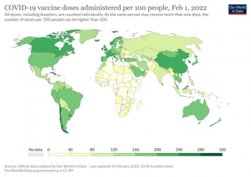 Weltkarte der verabreichten Corona-Impfdosen (Stand 2. Februar 2022)