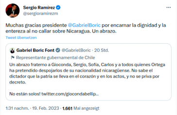 Sergio Ramírez retweetet einen Kommentar des chilenischen Präsidenten Gabriel Boric