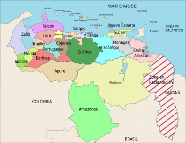 Venezuela und seine Bundesstaaten, schraffiert die "Zona En Reclamación"