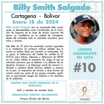 Billy Smith Salgado, 22 Jahre alt, ermordet am 18. Januar in Cartagena, Kolumbien