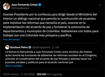 Vertrauensbekundungen zwischen Petro und seinem neuen Innenminister Juan Fernando Cristo