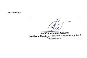 "José Pedro Castillo Terrones - Verfassungsmäßiger Präsident der Republik Peru (in Gefangenschaft)": so unterzeichntete Castillo seinen Brief an Guterres