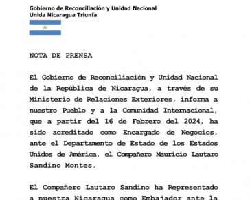 Mitteilung über die Personalie an der Botschaft Nicaraguas in Washington