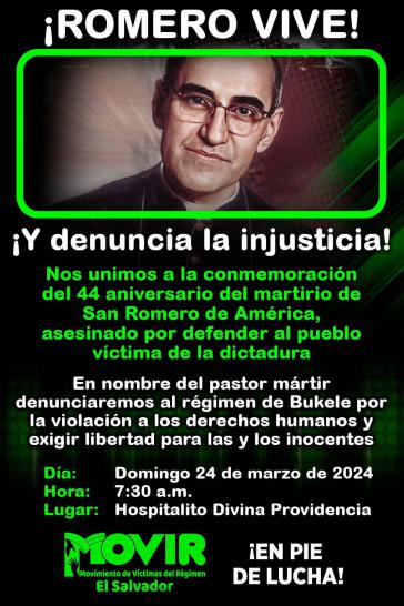 Aufruf zur Demonstration, die das Gedenken an Erzbischof Arnulfo Romero mit der aktuellen Situation in El Salvador verbindet