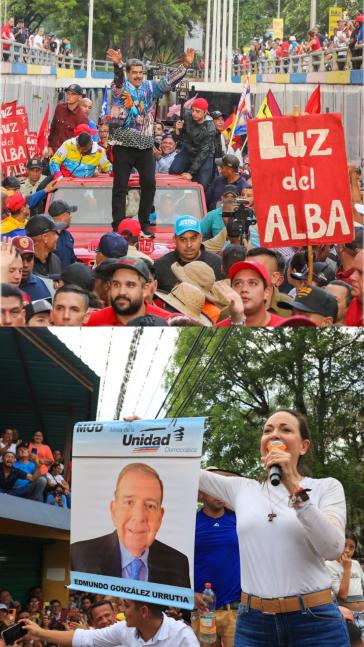 Die Hauptkonkurrenten Maduro / Machado-González setzten auf Großkundgebungen (Collage von X-Bildern)