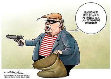Cartoon "Gefährlicher Verbrecher" von Hernandez:"Diebe! Gebt das Öl zurück, das wir euch gestohlen haben!" Cartoon "Gefährlicher Verbrecher" von Hernandez:"Diebe! Gebt das Öl zurück, das wir euch gestohlen haben!"