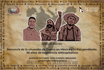 Der festgenommene Sprecher des CIPOG-EZ, Jesús Plácido, rechts im Bild auf einem Protestplakat der CNI gegen die "Kriegssituation in Chiapas"