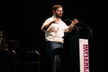 Boric während seines Vortrages bei den Berliner Festspielen