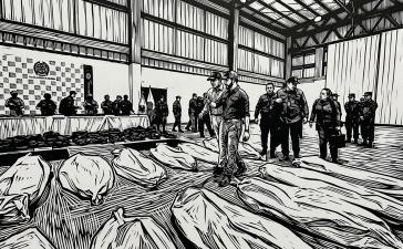 "Das Bild einer Niederlade", Karikatur über den Auftritt von De la Espriella bei den Leichensäcken getöteter Mitglieder bewaffneter Gruppen