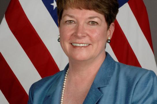Portrait der US-Botschafterin Heather Hodges vor einer US-Flagge