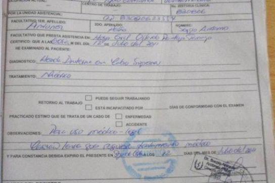 Foto des medizinischen Gutachtens über die Verletzungen der Ehefrau von Villar