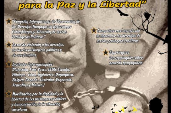 Plakat des internationalen Treffens zum Thema politische Gefangene in Kolumbien